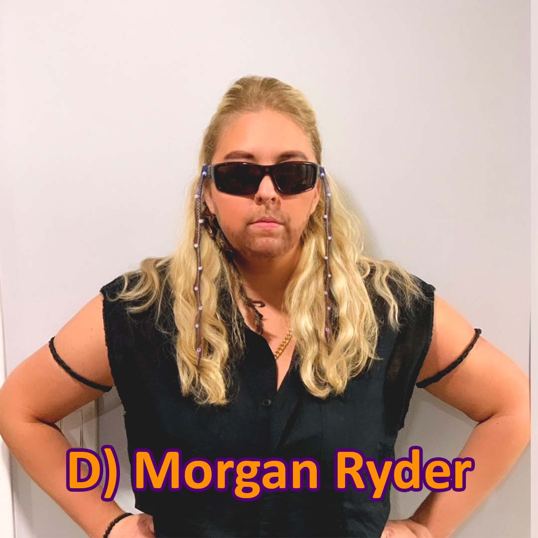 Insurance Agent Morgan Ryder dressed in black clothes and sunglasses