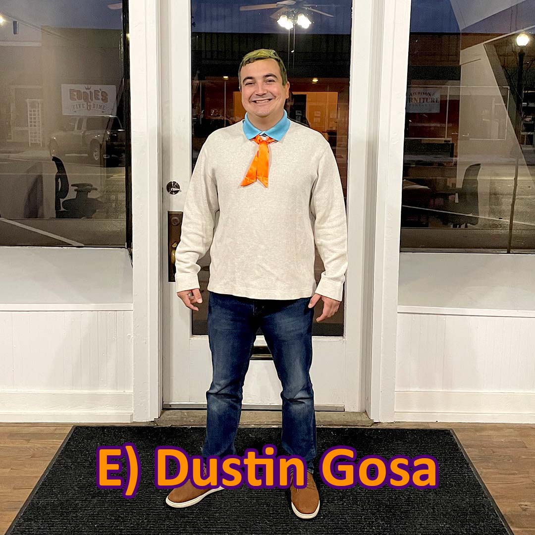 Insurance Agent Dustin Gosa dressed as Fred from Scooby Doo