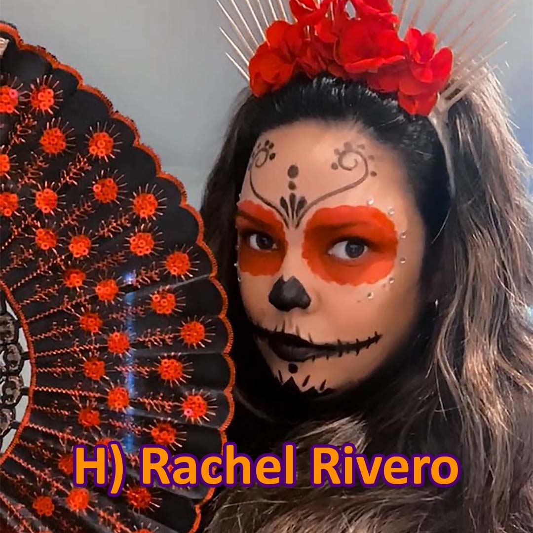 Insurance Agent Rachel Rivero dressed in the style of dia de los muertos with make up and a hand fan