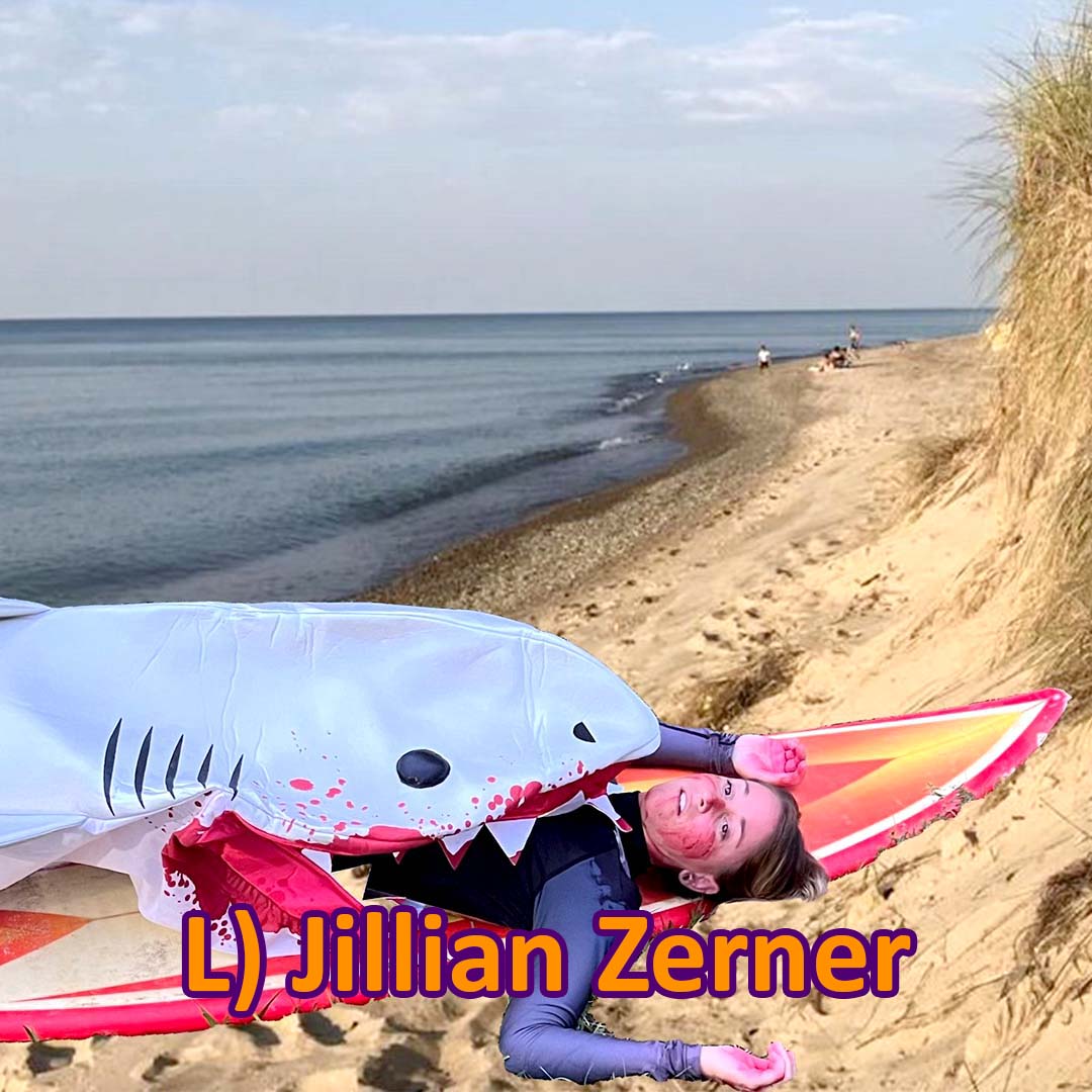 Insurance Agent Jillian Zerner in a costume shark and swimsuit looking as if she is being eaten