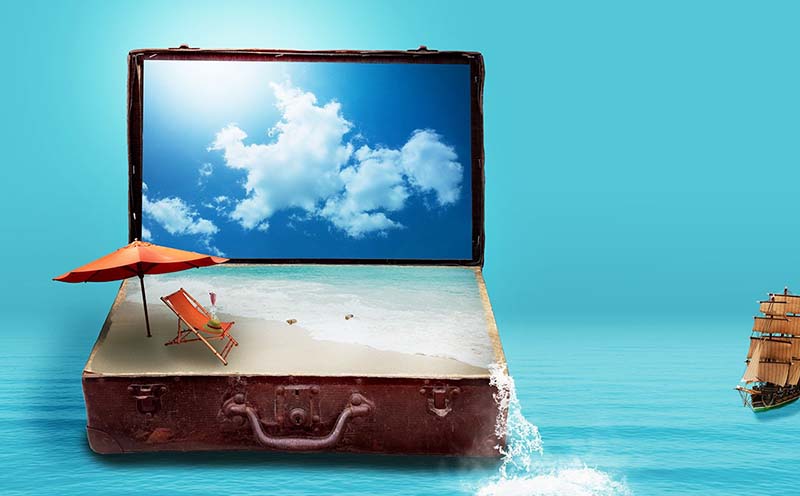 A Laptop with the screen displaying clouds and the keyboard is a briefcase with a beach inside to symbolize travel.