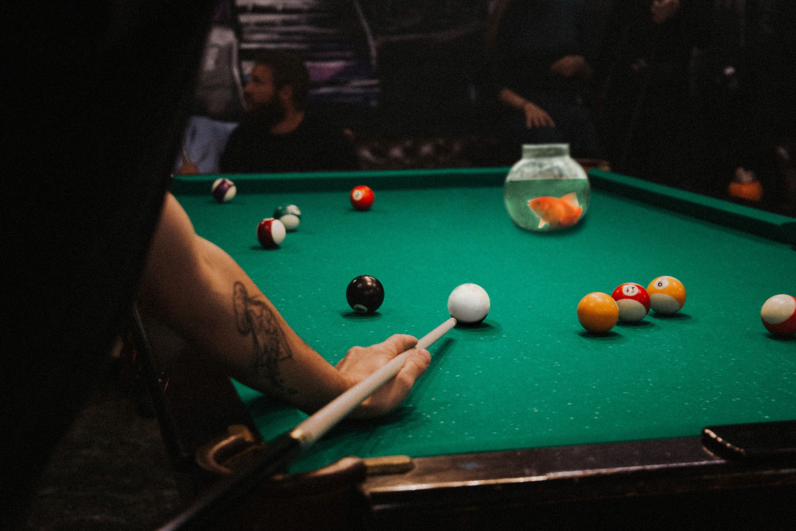 Picture of a pool cue aimed at a fish bowl in an example of one of the weird insurance claims